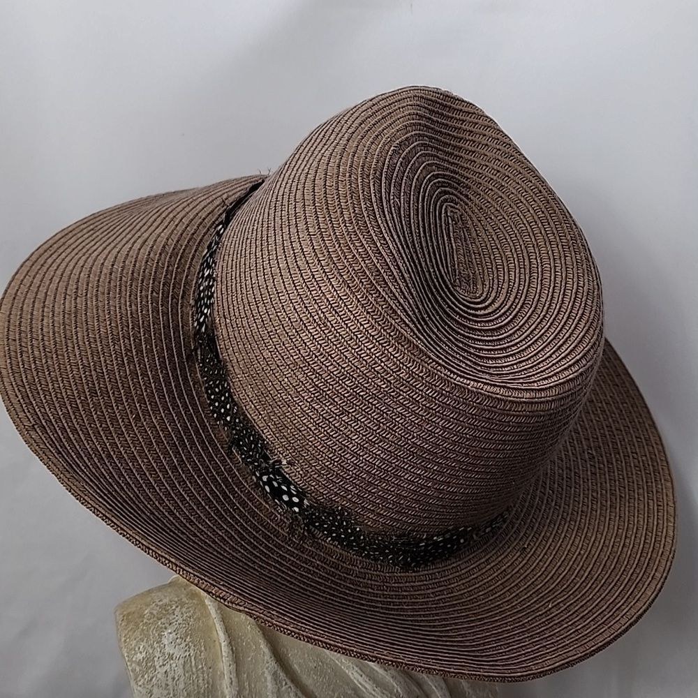 August Hat Co 100% Paper Straw Hat Tan With Feather Trim